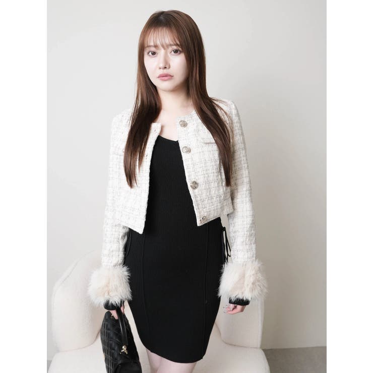 ファースリーブツイードクロップドジャケット[品番：LINW0002665