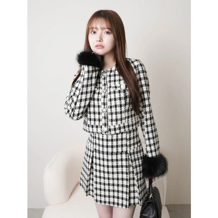 リップサービス ファースリーブツイードクロップドジャケット M ファースリーブツイードクロップドジャケット（テーラード