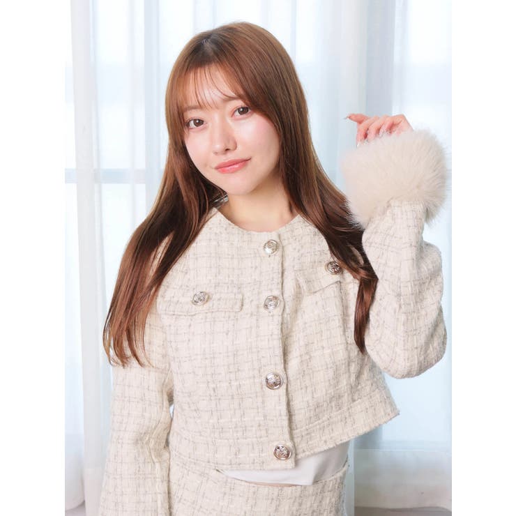 ファースリーブツイードクロップドジャケット[品番：LINW0002665