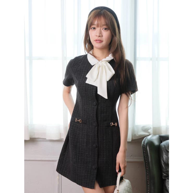 ブラック | 3wayクラシカルツイードリボンワンピース | LIPSERVICE