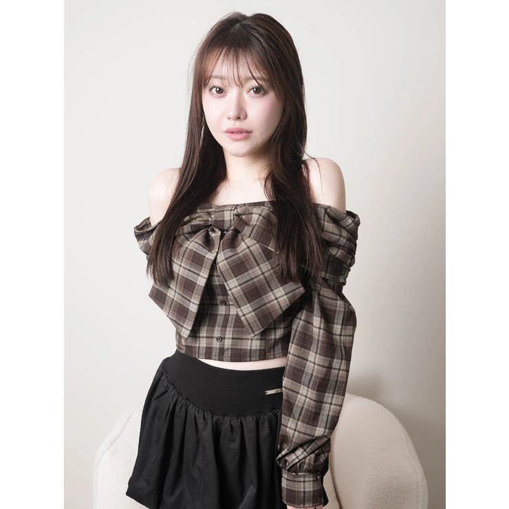 オフショルリボンチェックシャツトップス[品番：LINW0002679