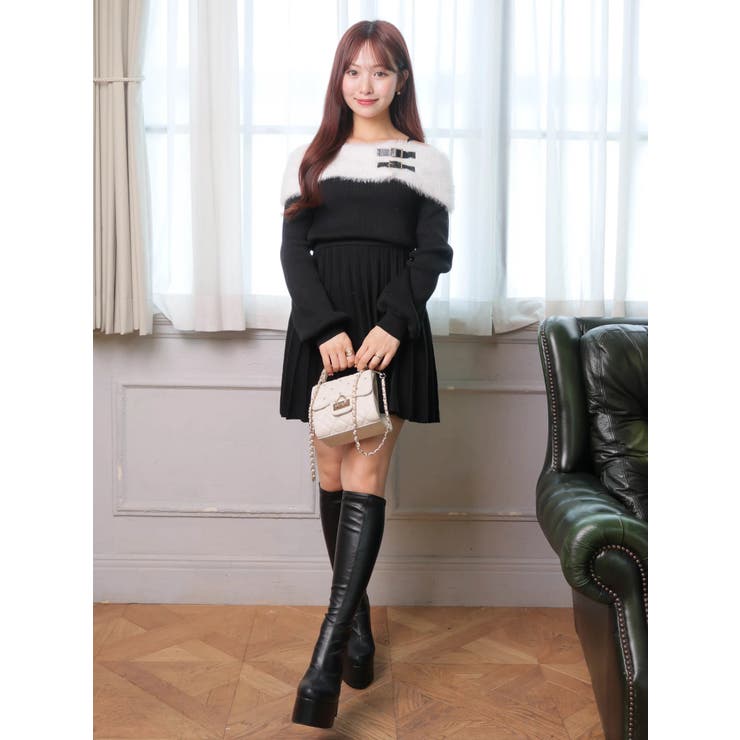 フェザーオフショルプリーツニットワンピース[品番：LINW0002686