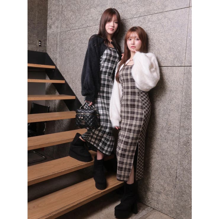 【形が選べる】フェザーチェックアンサンブルワンピース （ブラウン） リップサービス LIP SERVICE 【形が選べる】フェザーチェック