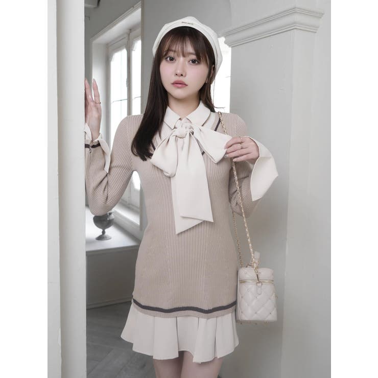 ベージュ | シャツドッキングプリーツワンピース | LIPSERVICE