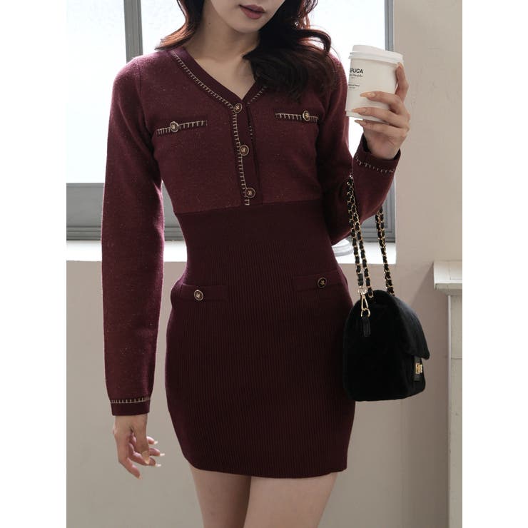 ボルドー | チェーンステッチクラシカルワンピース | LIPSERVICE