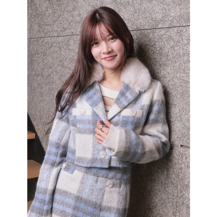 ブルー | ファーカラーシャギーチェックジャケット | LIPSERVICE