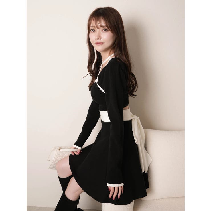 ブラック | バックリボンバイカラーフレアワンピース | LIPSERVICE