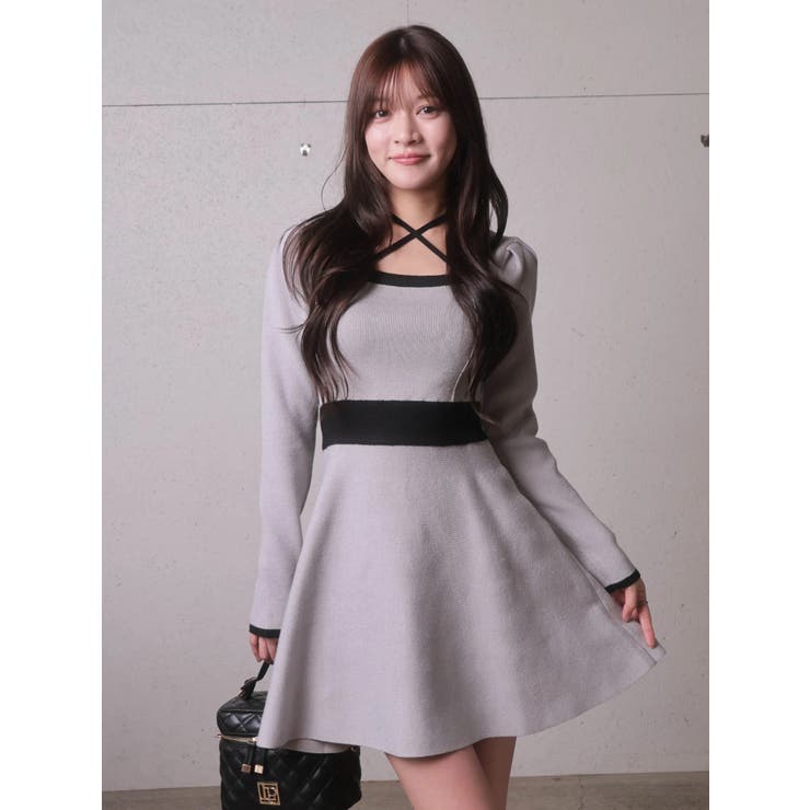 グレー | バックリボンバイカラーフレアワンピース | LIPSERVICE