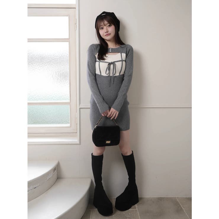 デコルテオープンバイカラーリボンニットワンピース | LIPSERVICE | 詳細画像3 