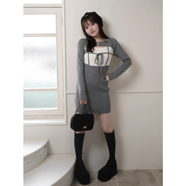 デコルテオープンバイカラーリボンニットワンピース | LIPSERVICE | 詳細画像4 