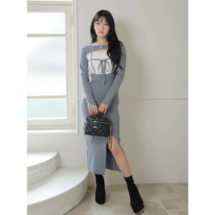 デコルテオープンバイカラーリボンニットワンピース | LIPSERVICE | 詳細画像9 