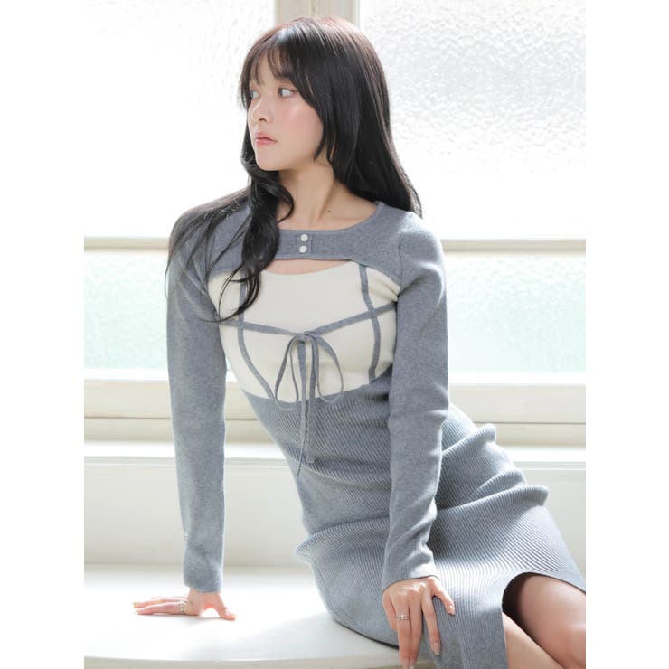 デコルテオープンバイカラーリボンニットワンピース | LIPSERVICE | 詳細画像14 