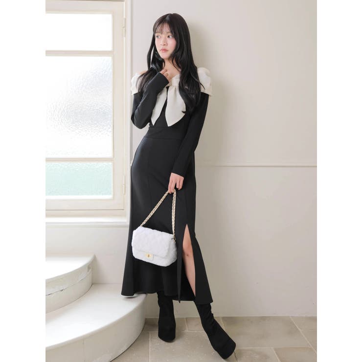 リボンオフショルバイカラーワンピース[品番：LINW0002743