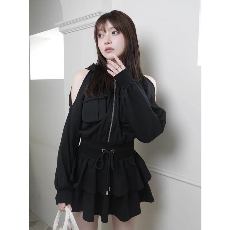 ブラック | オープンショルダースウェットフーディーワンピース | LIPSERVICE