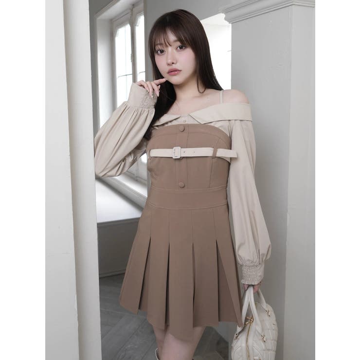 ベージュ | オフショルシャツレイヤードライクワンピース | LIPSERVICE
