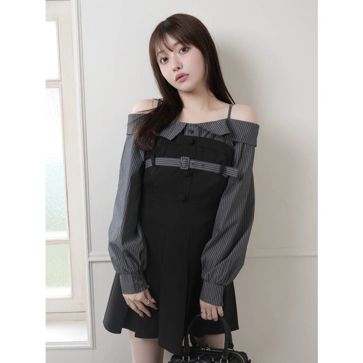 ブラック | オフショルシャツレイヤードライクワンピース | LIPSERVICE