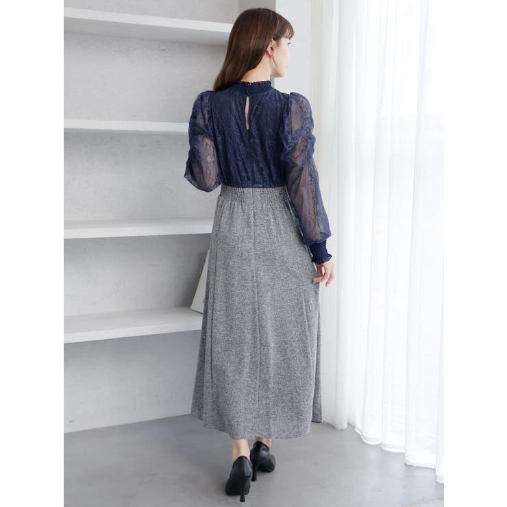 フロントギャザーレースドッキングドレス[品番：LINW0001666 