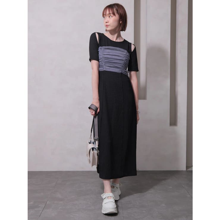 ブラック | チュールビスチェレイヤードカットワンピース | LADYMADE