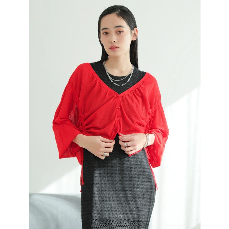 レッド | シャーリングシアーニットカーディガン | LADYMADE
