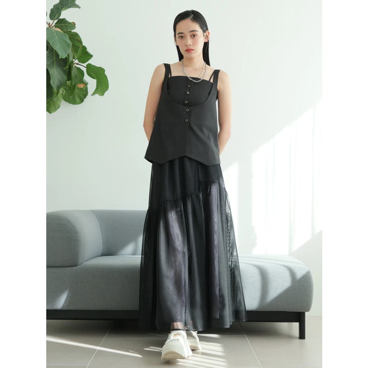 ブラック | レイヤードキャミ×メッシュスカートセット | LADYMADE