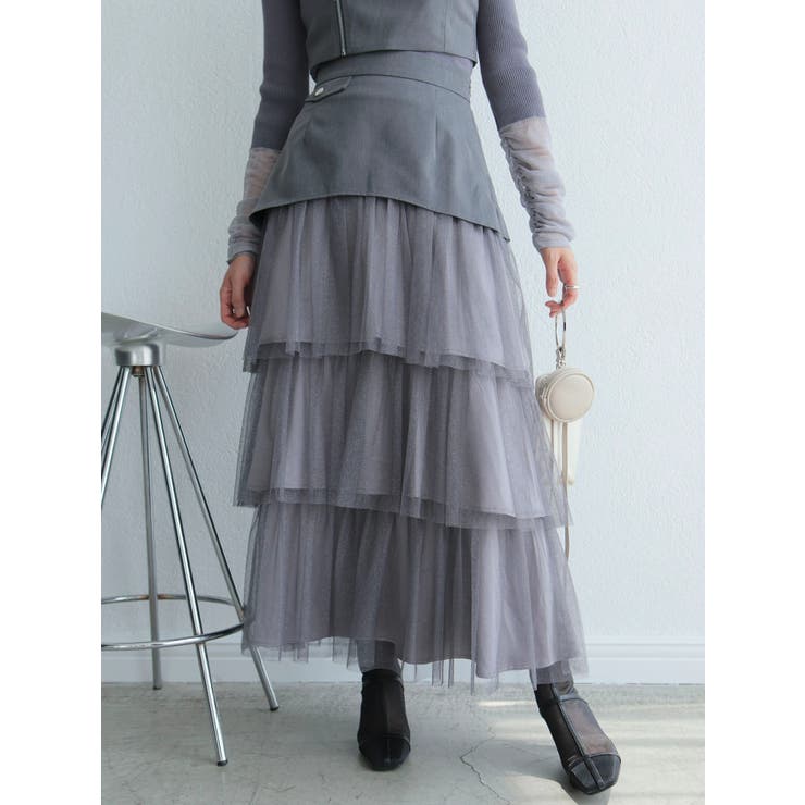 グレー | ラメチュールフリルティアードスカート | LADYMADE