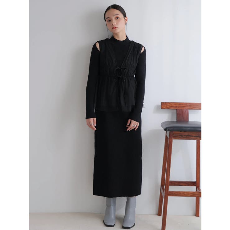 ブラック | リボンチュールトップス×ラメニットワンピースセット | LADYMADE