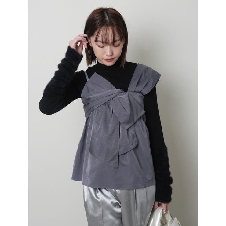 ブラック | フェザースリーブニット×リボンキャミSET | LADYMADE