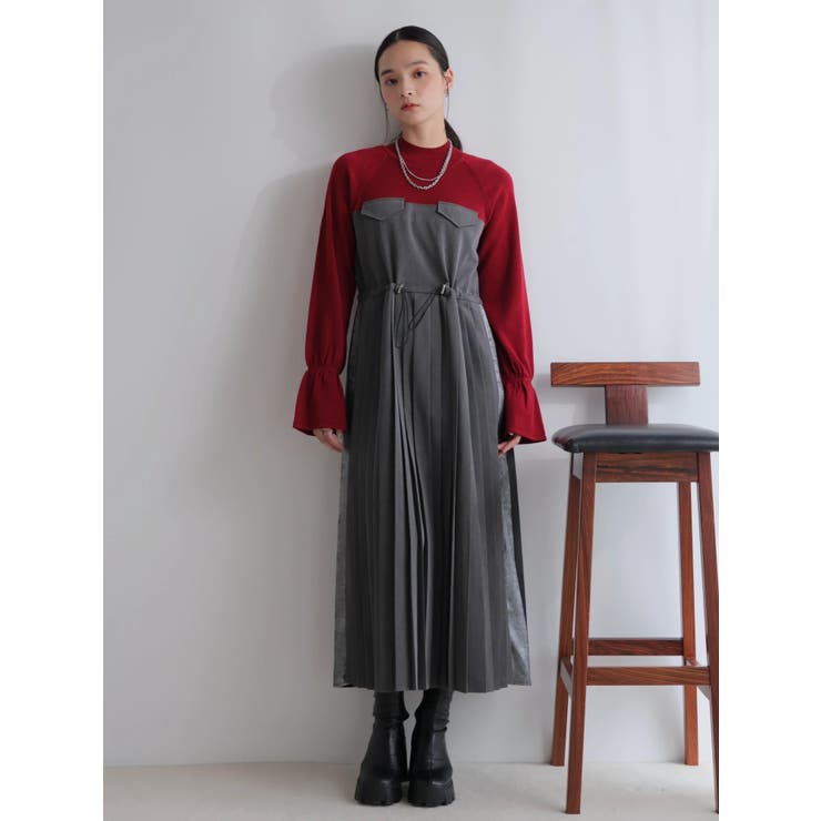 ommo 赤・グレードッキングワンピース 長袖38 ニットドッキングプリーツワンピース[品番：LINW0002535]｜LADYMADE