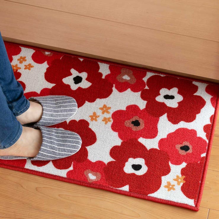 人気商品の ねずみさんと北欧赤い花柄キッチンマット キッチンマット （レポ カーテン