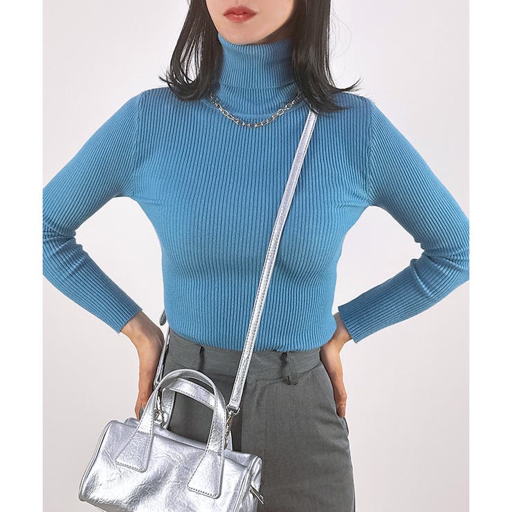 ブルー | 【2025AW新作】タートルネックリブニット | CLOTHY