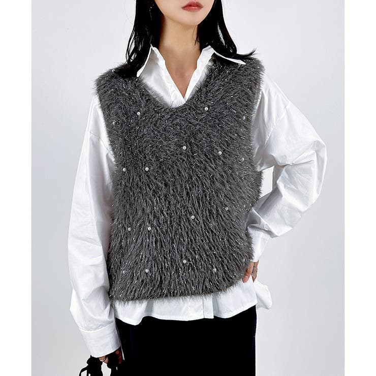 【2025AW新作】パール付きフェザーニットベスト | CLOTHY | 詳細画像2 