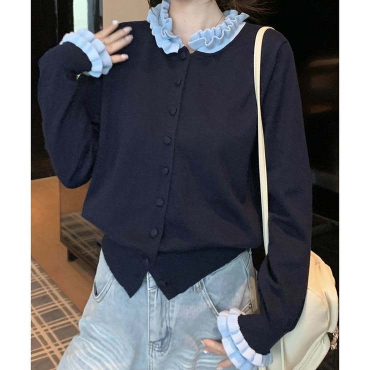 ネイビー | 【2025AW新作】配色モチーフニットカーディガン | CLOTHY