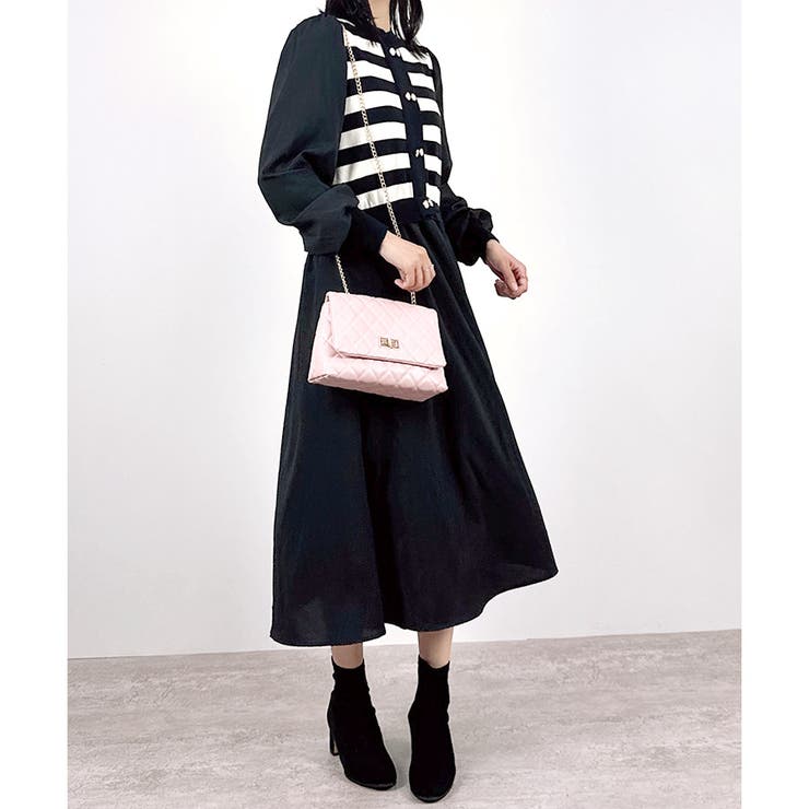 ブラック | 【2025AW新作】ボーダーニットレイヤードワンピース | CLOTHY