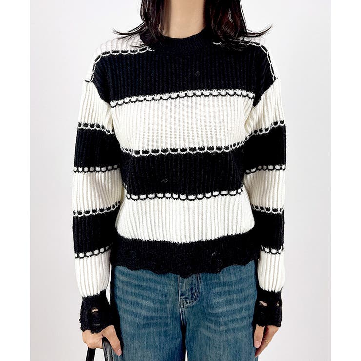 【2025AW新作】ダメージボーダーニットトップス | CLOTHY | 詳細画像2 