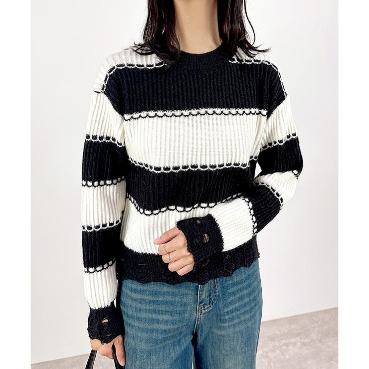 【2025AW新作】ダメージボーダーニットトップス | CLOTHY | 詳細画像4 