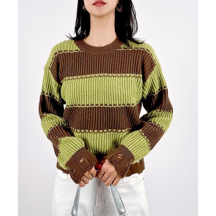 【2025AW新作】ダメージボーダーニットトップス | CLOTHY | 詳細画像7 