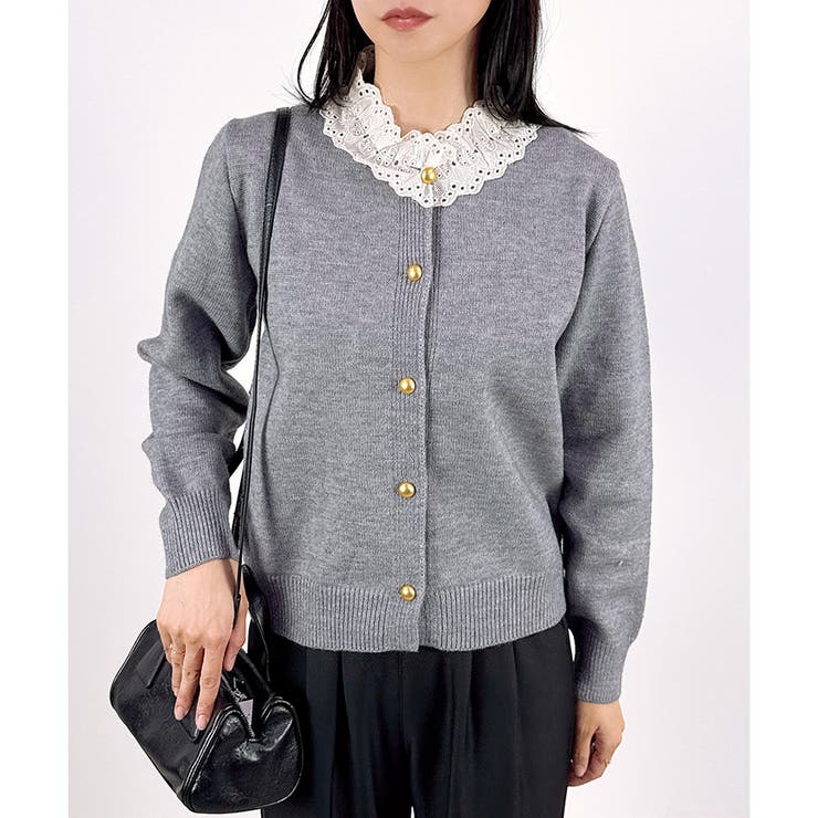 グレー | 【2025AW新作】襟レースニットカーディガン | CLOTHY