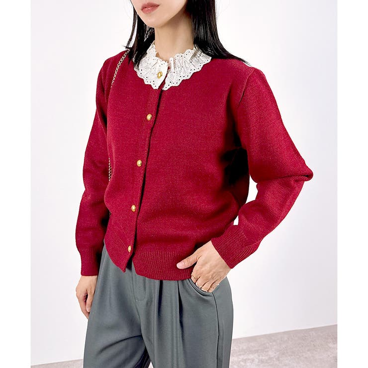 レッド | 【2025AW新作】襟レースニットカーディガン | CLOTHY