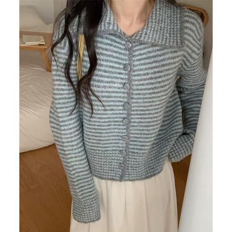 グレー | 【2025AW新作】ボーダー襟付きカーディガン | CLOTHY