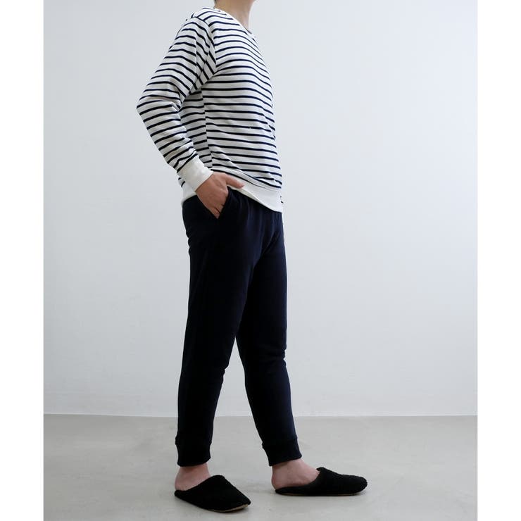 オフ白ボーダー×ネイビー(Men)】【再入荷】綿混スウェットセットアップ