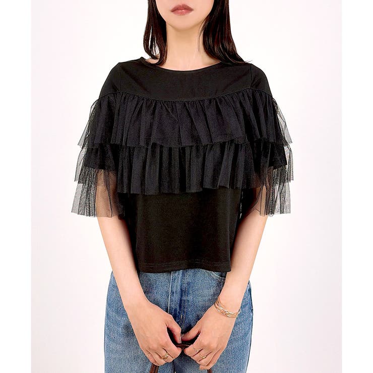 ブラック | 【2026SS新作】半袖チュールフリルカットソー | CLOTHY