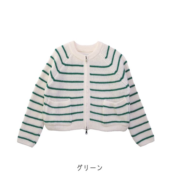 ミリー☆です★ボーダーフリルレースジップニットジャケットカーデ ニット】ミドルゲージボーダーZIPカーデ ダブルジップ[品番