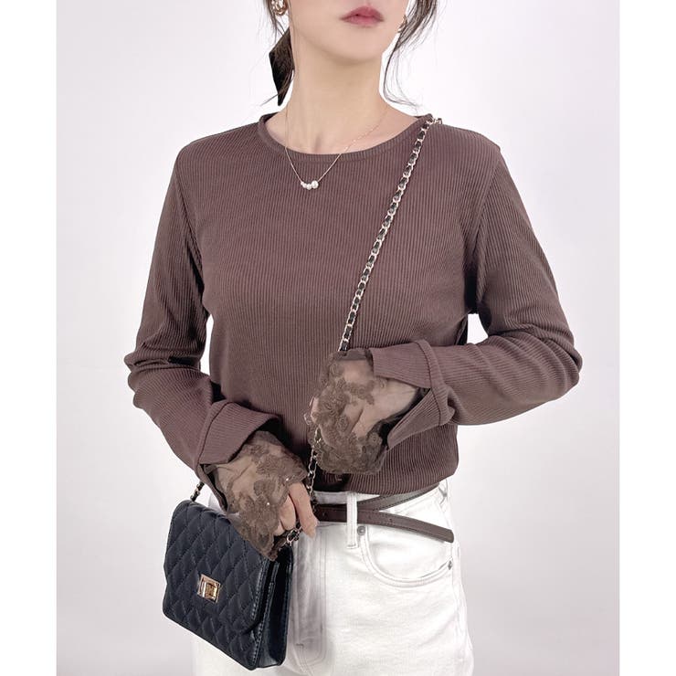 ブラウン | 【2025AW新作】テレコ長袖レース使いTシャツ | CLOTHY