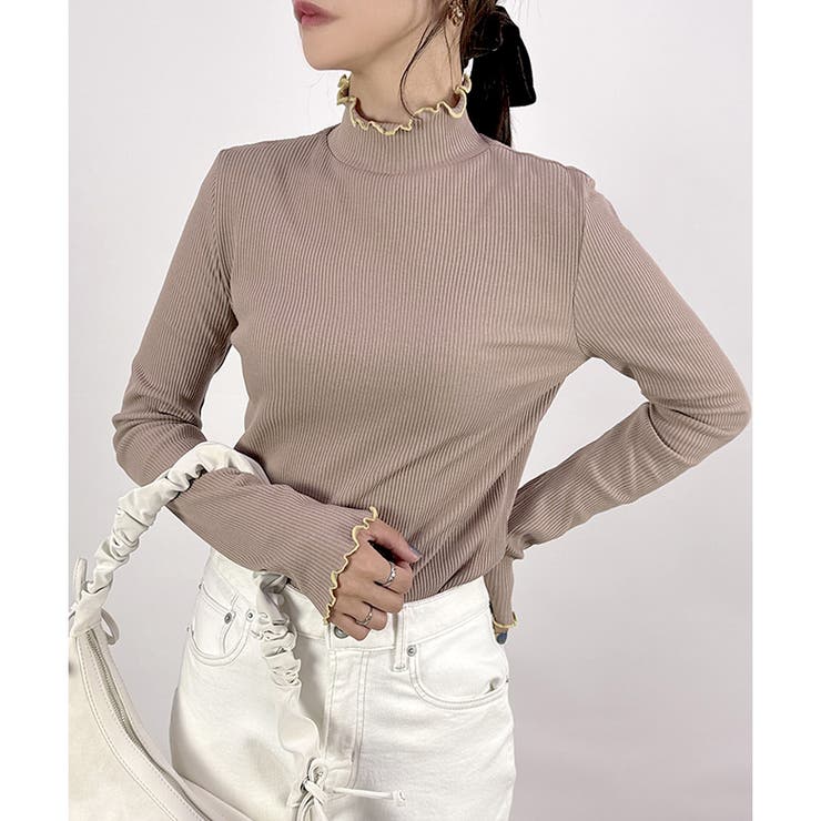 モカ | 【2025AW新作】テレコ配色メロウハイネックリブロンT | CLOTHY