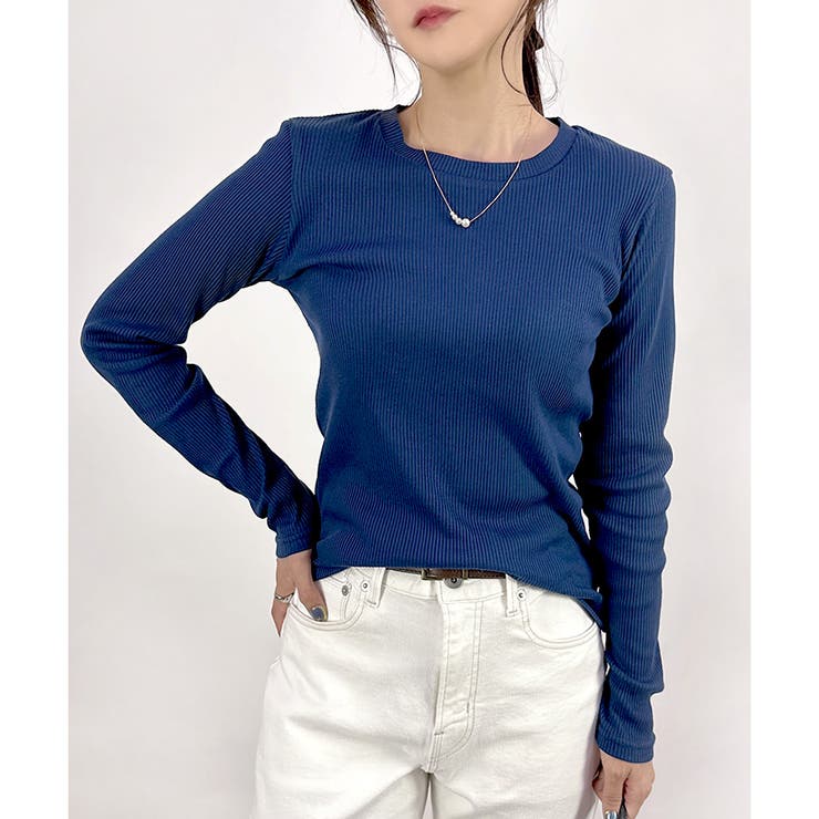 ネイビー(クルーネック) | 【2025AW新作】ネックが選べる長袖ベーシックリブTシャツ | CLOTHY