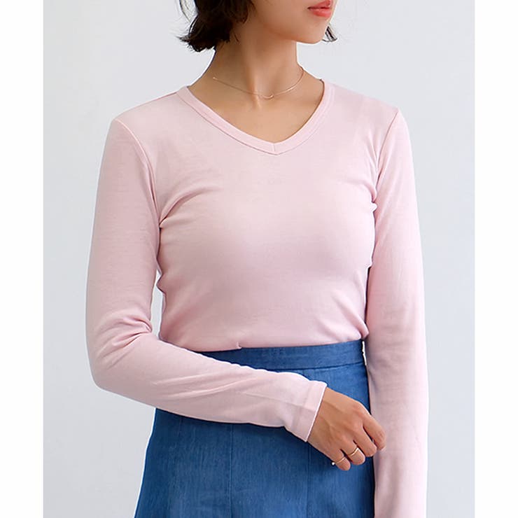 ピンク | 【スムース】長袖VネックTシャツ | CLOTHY