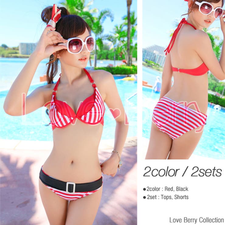 CUPSHE/Beach Belle ボーダー柄 ビキニセット 水着 ビキニ ボーダー柄 マリン ベルト オシャレ かわいい[品番