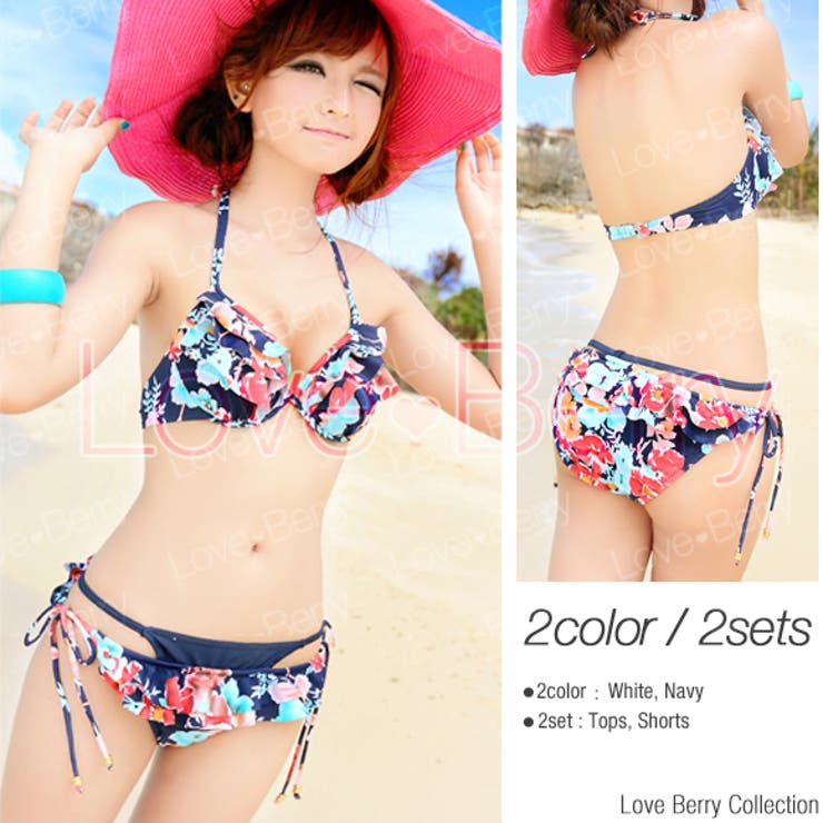【元値販売】Lulumerty フリルローズビキニ S-M ホワイト 水着 レースレディース Lace Ladies バックレースアップデザイン