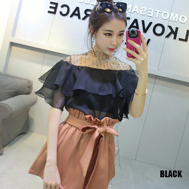 シースルー フリルスリーブ クロップドトップス ブラック シースルーブラウス シアーブラウス シースルー シアートップス