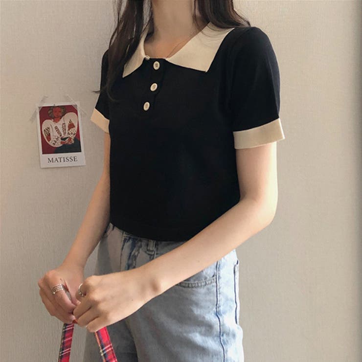 POLO リメイク品 ポロシャツ ショート丈 トップス レディース パールボタン ポロシャツ バイカラー ショート丈 絞り紐 トップス 半袖 ポロ襟